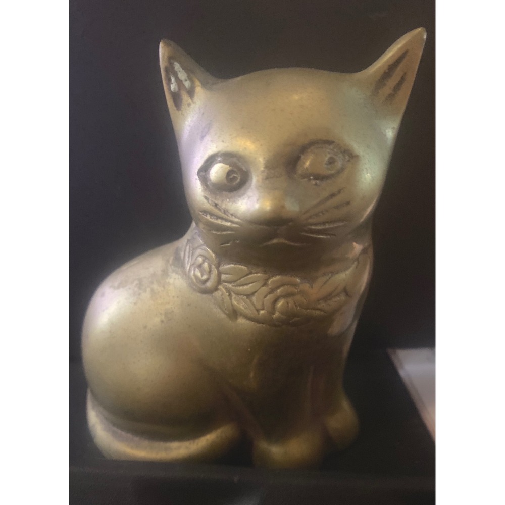Vintage Solid Brass Cat Figurine Sitting Kitty Statue Rose Floral Collar Decor